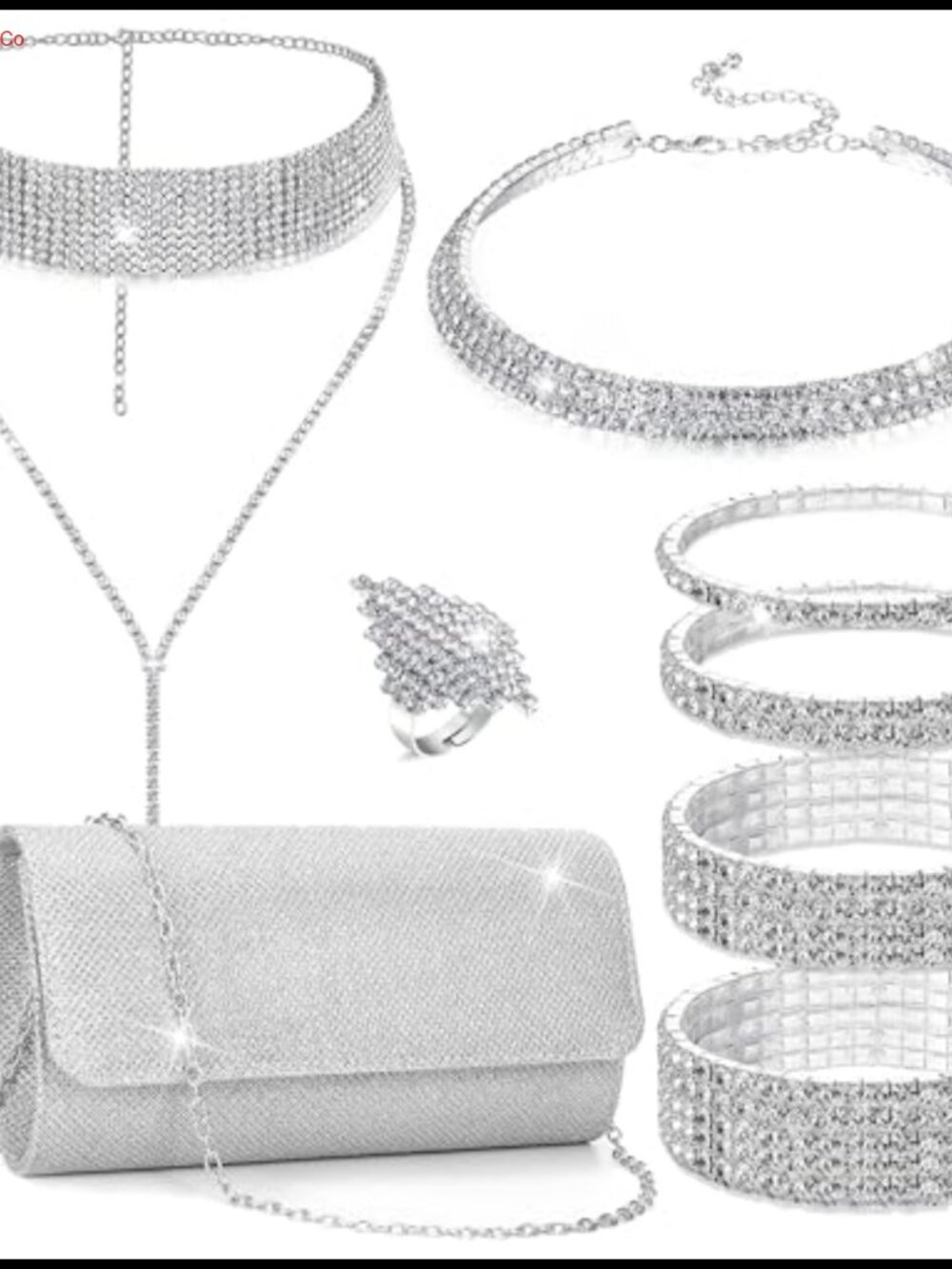 Rhinestone Jewelry Set with Clutch Purse Alloy Choker Necklace Bracelets Ring